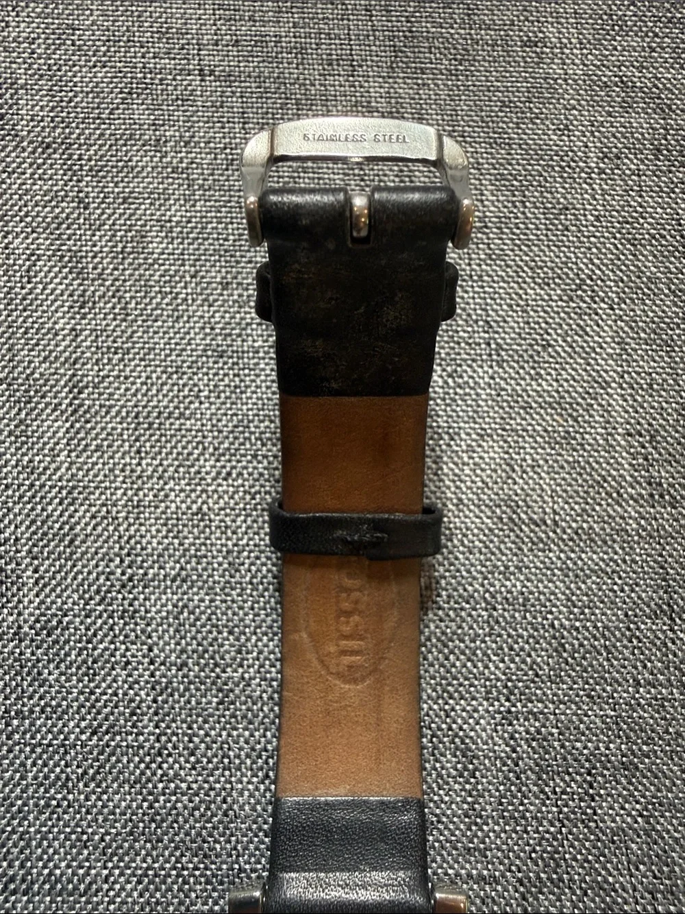 Fossil Steel dual-time tank watch Silver Case Watch with Black Leather Strap